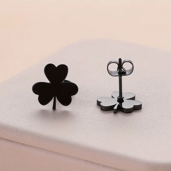 Clover Leaf Stud Earrings - SET of 3 -  Stainless Steel - Gold, Silver, Black - Picture 6 of 8